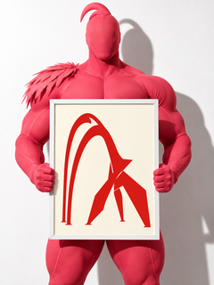 Muscular male museum superhero in a fully covered pink Flamingo morphsuit holding the framed artwork against white with hard flash shadows.