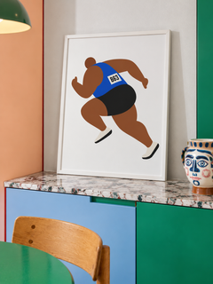 Blue Runner — 42×59 cm print in a white frame, styled room view.