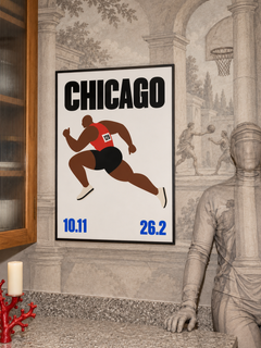 Chicago Marathon 26.2 framed print on a classical basketball mural wall with a camouflaged figure.