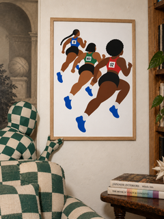 Girl Group in an oak frame with a check-pattern camouflaged figure and trompe-l’œil room details.