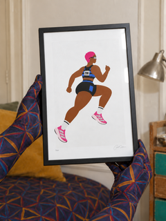 Pink Runner — 21×30 cm print in a black frame, styled room view.