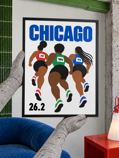 RGB Runners Chicago 26.2 — 30×40 cm print in a black frame, styled room view.