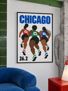 RGB Runners Chicago 26.2 framed print beside green tiles and a figure camouflaged against concrete.
