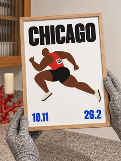 Chicago Marathon 26.2 — 21×30 cm print in an oak frame, styled room view.