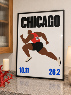 Chicago Marathon 26.2 — 42×59 cm print in a black frame, styled room view.