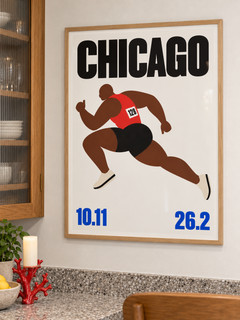 Chicago Marathon 26.2 — 60×80 cm print in an oak frame, styled room view.