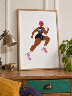 Pink Runner — 42×59 cm print in an oak frame, styled room view.